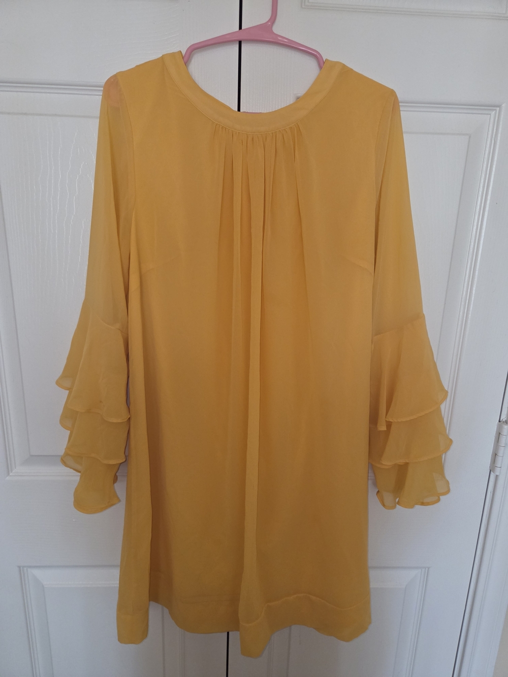 eva mendes for New York & Company Mustard Yellow Ruffle-Sleeve Long Dress